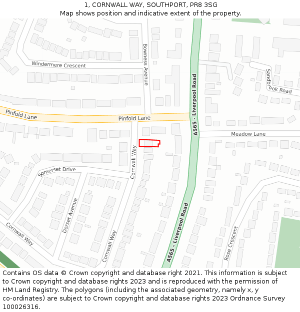 1, CORNWALL WAY, SOUTHPORT, PR8 3SG: Location map and indicative extent of plot