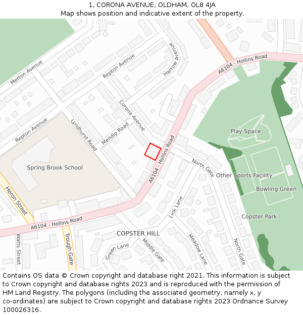 1, CORONA AVENUE, OLDHAM, OL8 4JA: Location map and indicative extent of plot