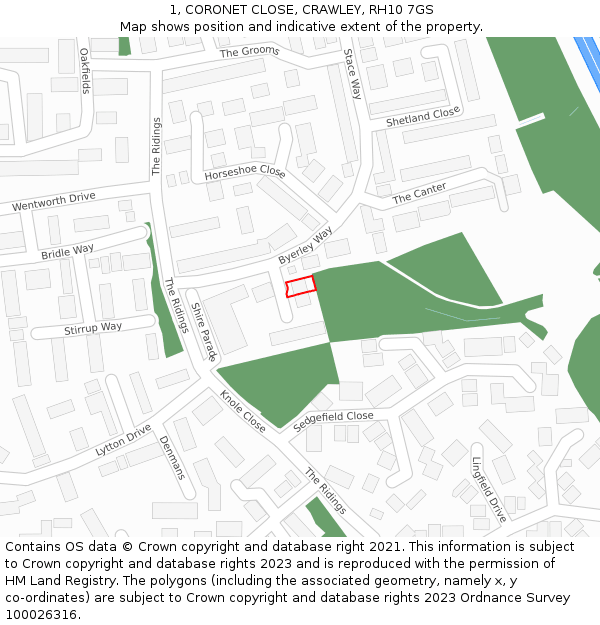 1, CORONET CLOSE, CRAWLEY, RH10 7GS: Location map and indicative extent of plot