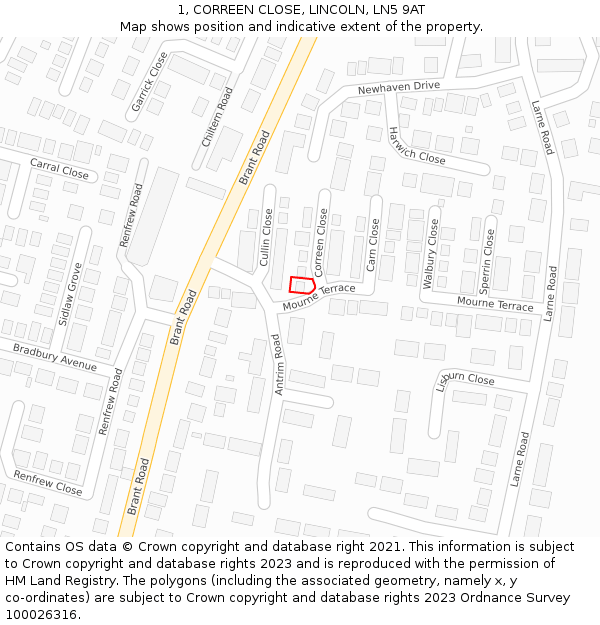 1, CORREEN CLOSE, LINCOLN, LN5 9AT: Location map and indicative extent of plot