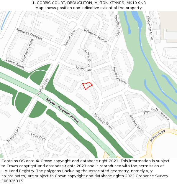 1, CORRIS COURT, BROUGHTON, MILTON KEYNES, MK10 9NR: Location map and indicative extent of plot