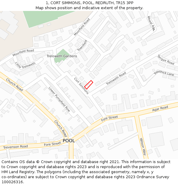 1, CORT SIMMONS, POOL, REDRUTH, TR15 3PP: Location map and indicative extent of plot