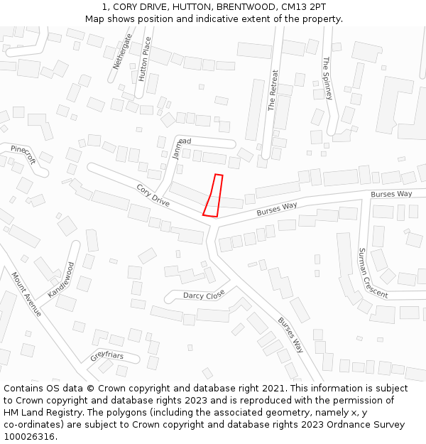 1, CORY DRIVE, HUTTON, BRENTWOOD, CM13 2PT: Location map and indicative extent of plot