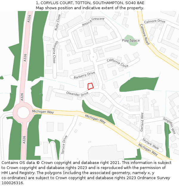 1, CORYLUS COURT, TOTTON, SOUTHAMPTON, SO40 8AE: Location map and indicative extent of plot