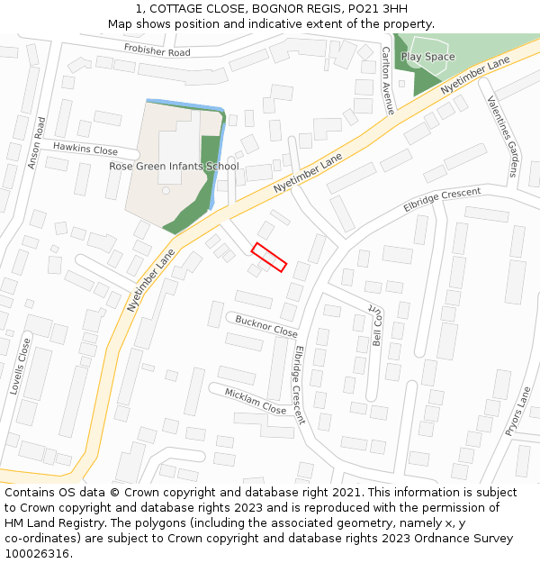 1, COTTAGE CLOSE, BOGNOR REGIS, PO21 3HH: Location map and indicative extent of plot