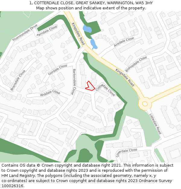 1, COTTERDALE CLOSE, GREAT SANKEY, WARRINGTON, WA5 3HY: Location map and indicative extent of plot