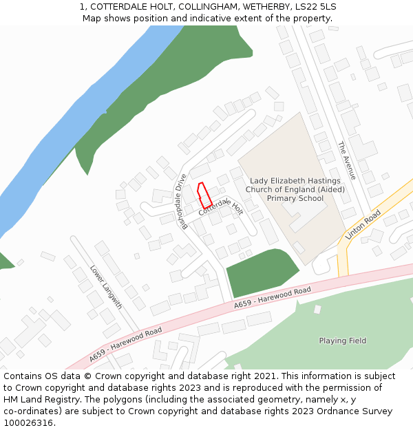 1, COTTERDALE HOLT, COLLINGHAM, WETHERBY, LS22 5LS: Location map and indicative extent of plot