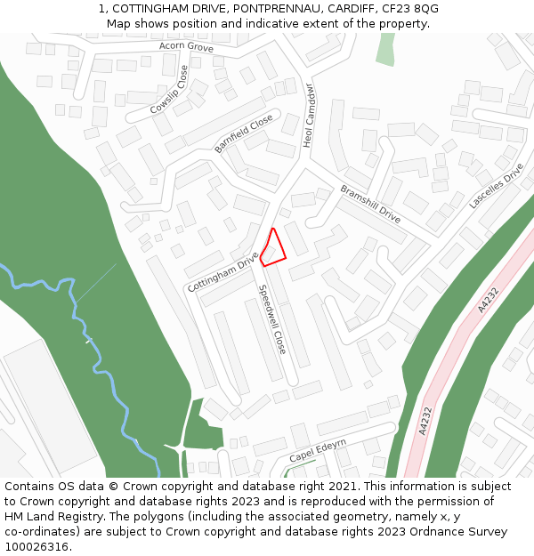 1, COTTINGHAM DRIVE, PONTPRENNAU, CARDIFF, CF23 8QG: Location map and indicative extent of plot