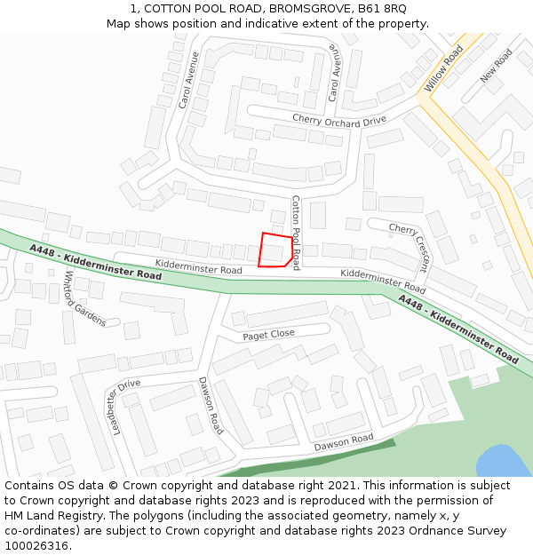 1, COTTON POOL ROAD, BROMSGROVE, B61 8RQ: Location map and indicative extent of plot