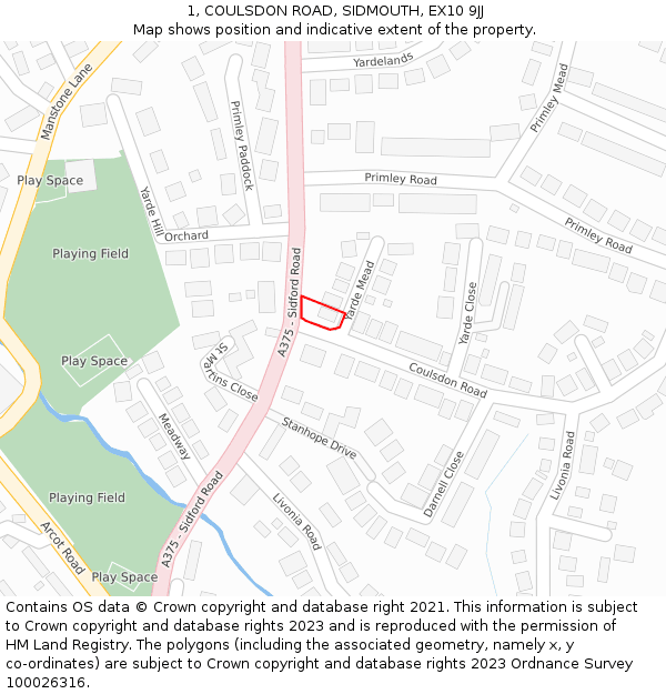 1, COULSDON ROAD, SIDMOUTH, EX10 9JJ: Location map and indicative extent of plot