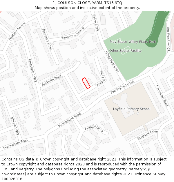 1, COULSON CLOSE, YARM, TS15 9TQ: Location map and indicative extent of plot