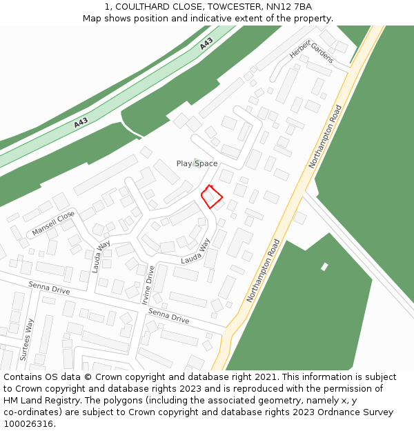 1, COULTHARD CLOSE, TOWCESTER, NN12 7BA: Location map and indicative extent of plot