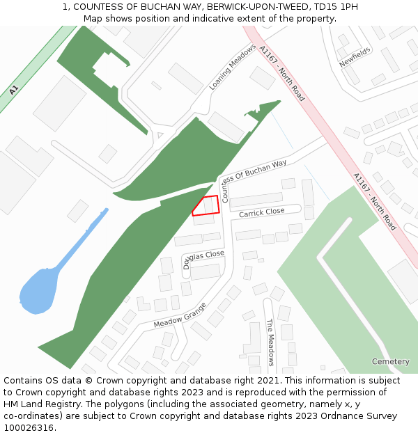 1, COUNTESS OF BUCHAN WAY, BERWICK-UPON-TWEED, TD15 1PH: Location map and indicative extent of plot