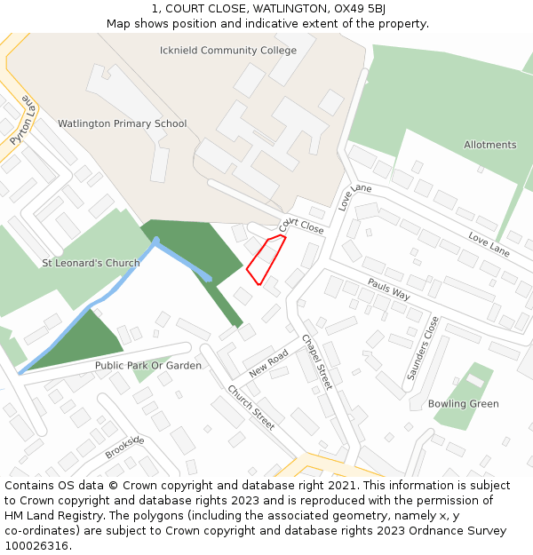 1, COURT CLOSE, WATLINGTON, OX49 5BJ: Location map and indicative extent of plot