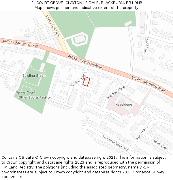 1, COURT GROVE, CLAYTON LE DALE, BLACKBURN, BB1 9HR: Location map and indicative extent of plot