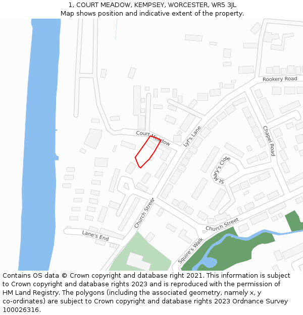 1, COURT MEADOW, KEMPSEY, WORCESTER, WR5 3JL: Location map and indicative extent of plot