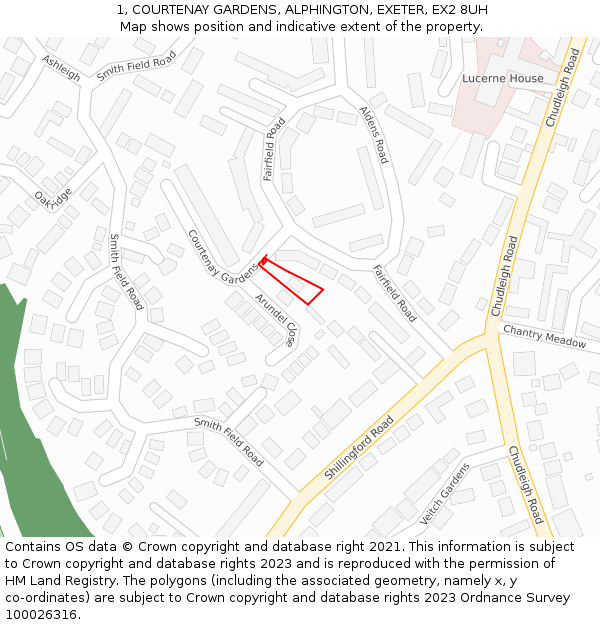 1, COURTENAY GARDENS, ALPHINGTON, EXETER, EX2 8UH: Location map and indicative extent of plot