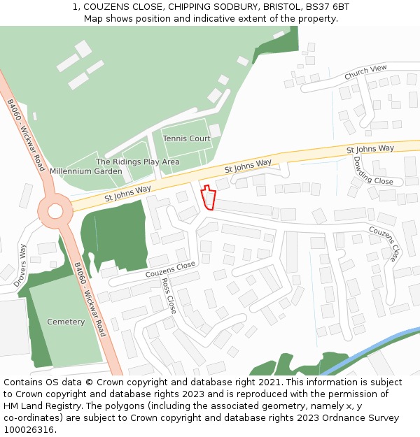 1, COUZENS CLOSE, CHIPPING SODBURY, BRISTOL, BS37 6BT: Location map and indicative extent of plot