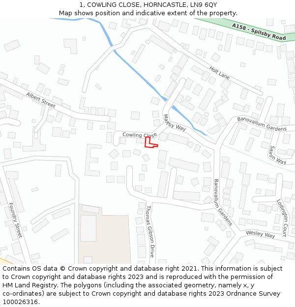 1, COWLING CLOSE, HORNCASTLE, LN9 6QY: Location map and indicative extent of plot