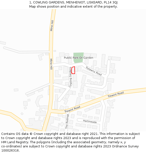 1, COWLING GARDENS, MENHENIOT, LISKEARD, PL14 3QJ: Location map and indicative extent of plot