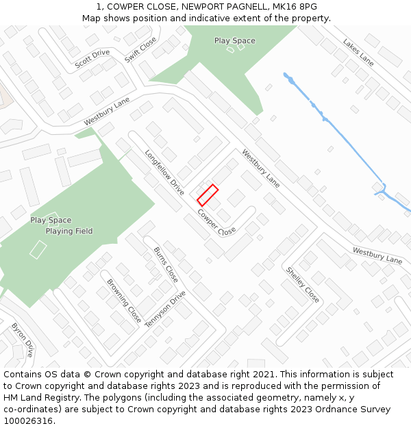 1, COWPER CLOSE, NEWPORT PAGNELL, MK16 8PG: Location map and indicative extent of plot