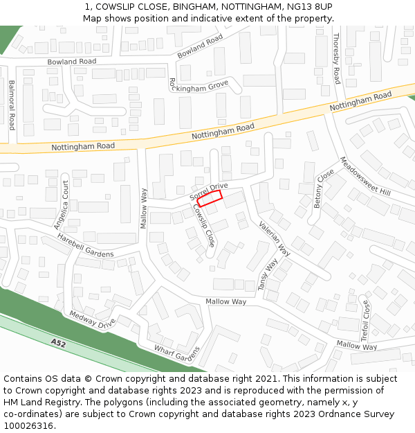 1, COWSLIP CLOSE, BINGHAM, NOTTINGHAM, NG13 8UP: Location map and indicative extent of plot