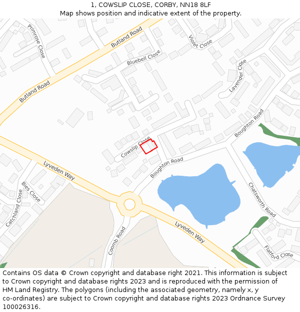 1, COWSLIP CLOSE, CORBY, NN18 8LF: Location map and indicative extent of plot