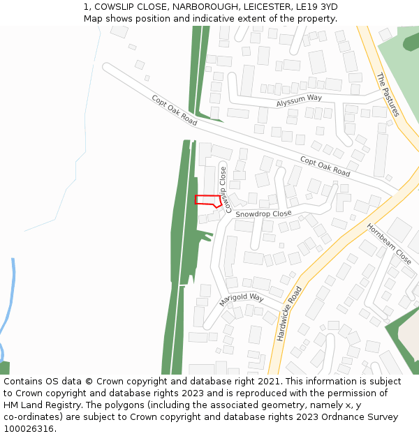 1, COWSLIP CLOSE, NARBOROUGH, LEICESTER, LE19 3YD: Location map and indicative extent of plot