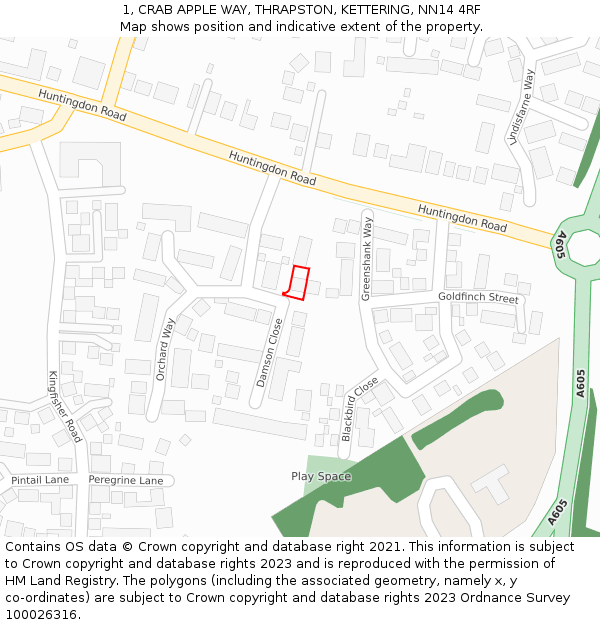 1, CRAB APPLE WAY, THRAPSTON, KETTERING, NN14 4RF: Location map and indicative extent of plot