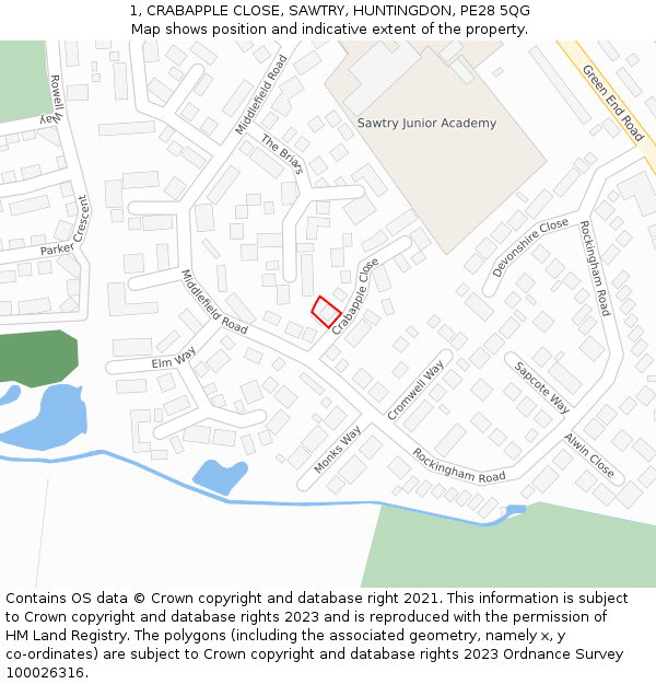 1, CRABAPPLE CLOSE, SAWTRY, HUNTINGDON, PE28 5QG: Location map and indicative extent of plot