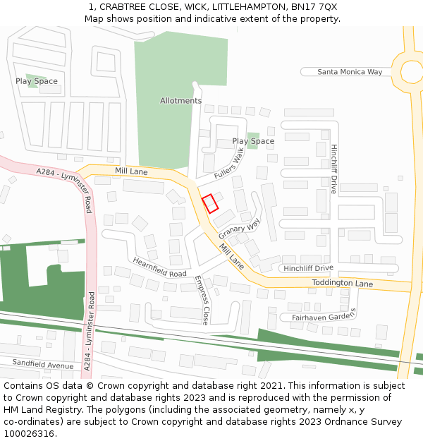 1, CRABTREE CLOSE, WICK, LITTLEHAMPTON, BN17 7QX: Location map and indicative extent of plot