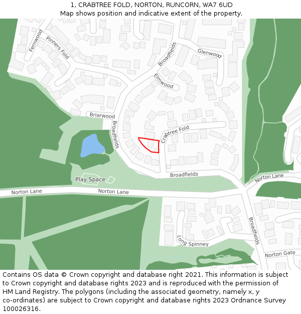 1, CRABTREE FOLD, NORTON, RUNCORN, WA7 6UD: Location map and indicative extent of plot