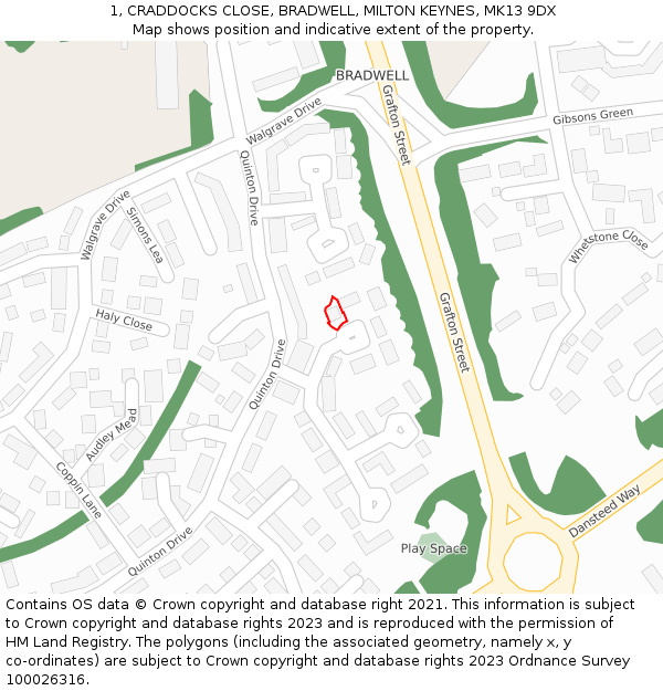 1, CRADDOCKS CLOSE, BRADWELL, MILTON KEYNES, MK13 9DX: Location map and indicative extent of plot