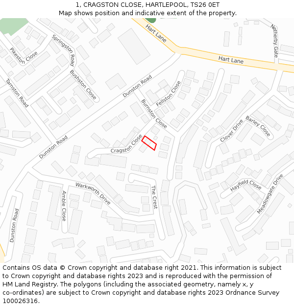 1, CRAGSTON CLOSE, HARTLEPOOL, TS26 0ET: Location map and indicative extent of plot