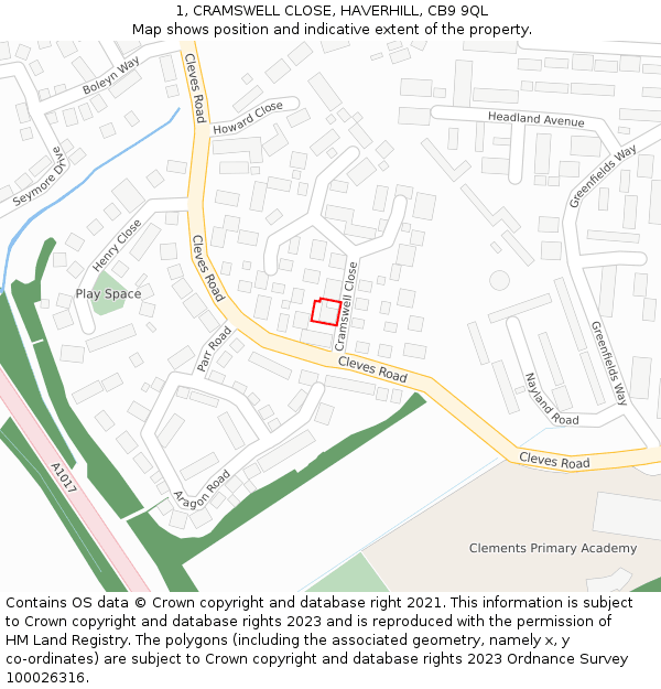 1, CRAMSWELL CLOSE, HAVERHILL, CB9 9QL: Location map and indicative extent of plot