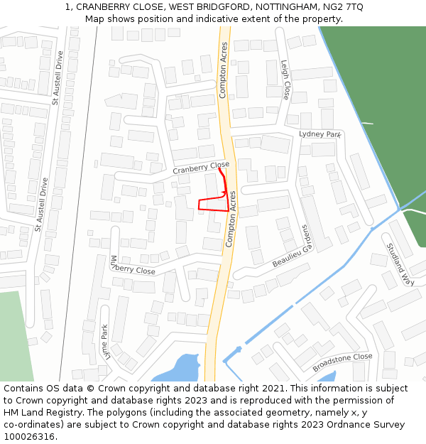 1, CRANBERRY CLOSE, WEST BRIDGFORD, NOTTINGHAM, NG2 7TQ: Location map and indicative extent of plot