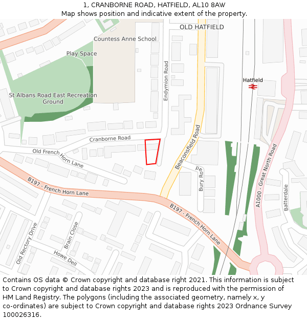 1, CRANBORNE ROAD, HATFIELD, AL10 8AW: Location map and indicative extent of plot