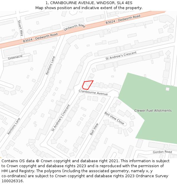 1, CRANBOURNE AVENUE, WINDSOR, SL4 4ES: Location map and indicative extent of plot