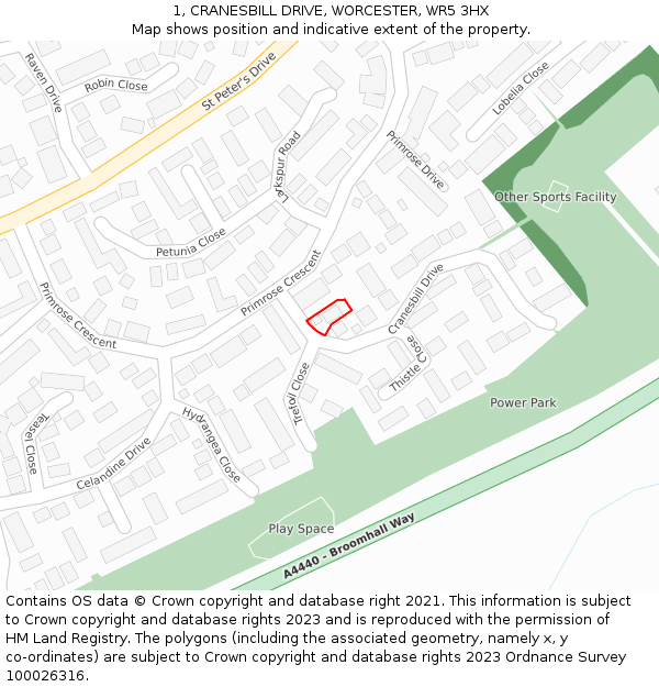 1, CRANESBILL DRIVE, WORCESTER, WR5 3HX: Location map and indicative extent of plot