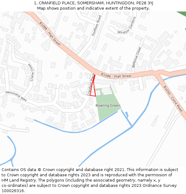 1, CRANFIELD PLACE, SOMERSHAM, HUNTINGDON, PE28 3YJ: Location map and indicative extent of plot