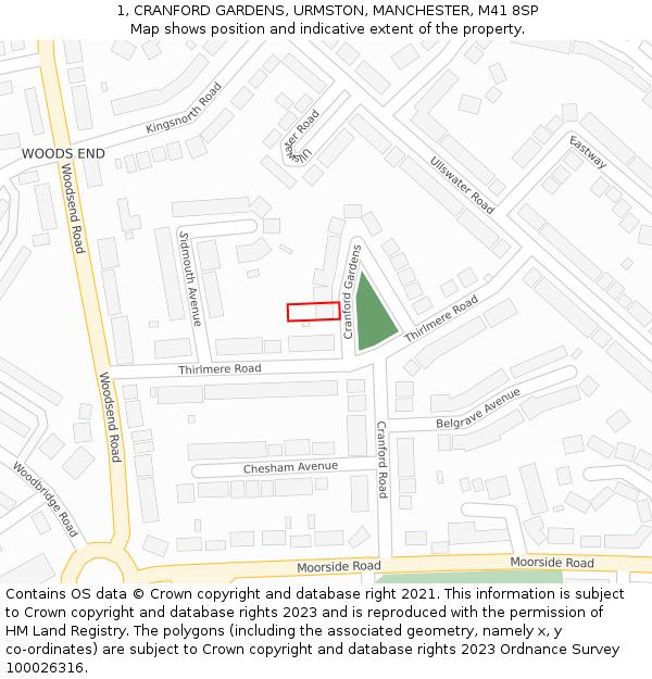 1, CRANFORD GARDENS, URMSTON, MANCHESTER, M41 8SP: Location map and indicative extent of plot