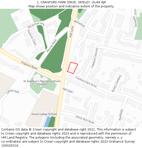 1, CRANFORD PARK DRIVE, YATELEY, GU46 6JR: Location map and indicative extent of plot