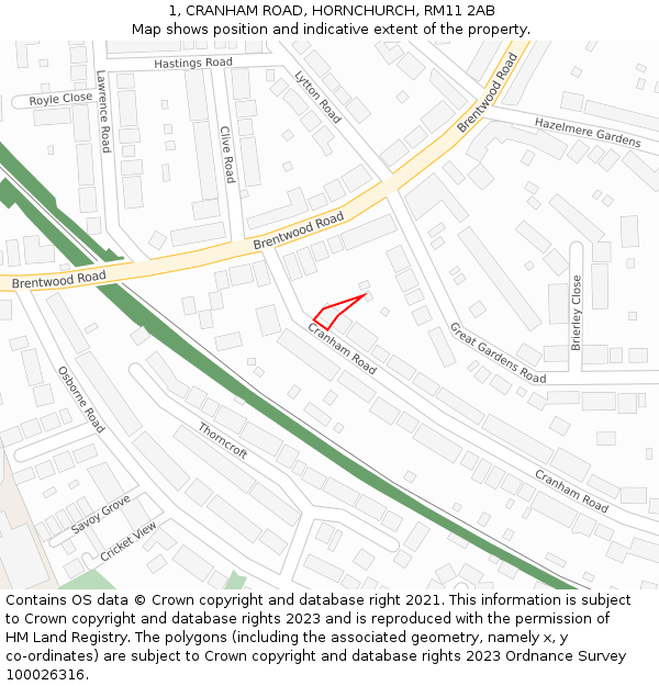 1, CRANHAM ROAD, HORNCHURCH, RM11 2AB: Location map and indicative extent of plot