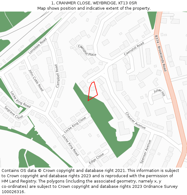 1, CRANMER CLOSE, WEYBRIDGE, KT13 0SR: Location map and indicative extent of plot
