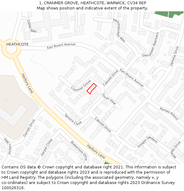 1, CRANMER GROVE, HEATHCOTE, WARWICK, CV34 6EP: Location map and indicative extent of plot
