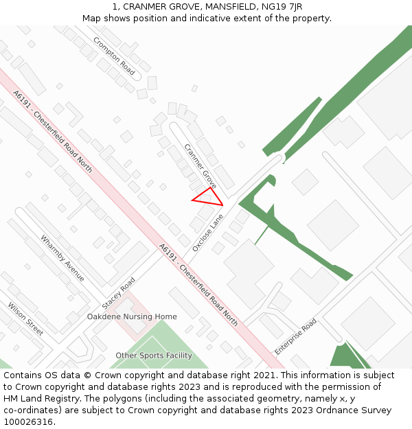 1, CRANMER GROVE, MANSFIELD, NG19 7JR: Location map and indicative extent of plot