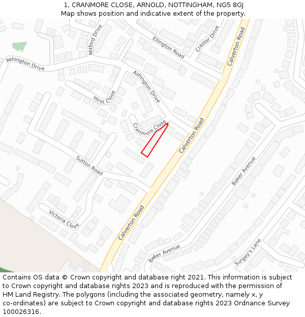 1, CRANMORE CLOSE, ARNOLD, NOTTINGHAM, NG5 8GJ: Location map and indicative extent of plot