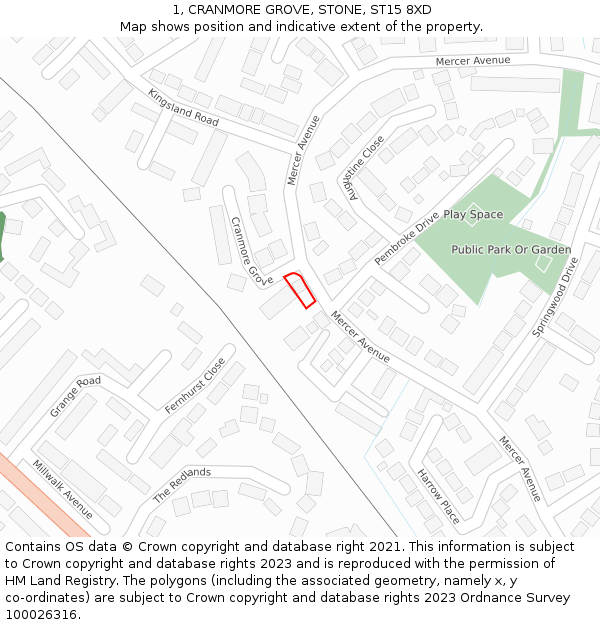 1, CRANMORE GROVE, STONE, ST15 8XD: Location map and indicative extent of plot