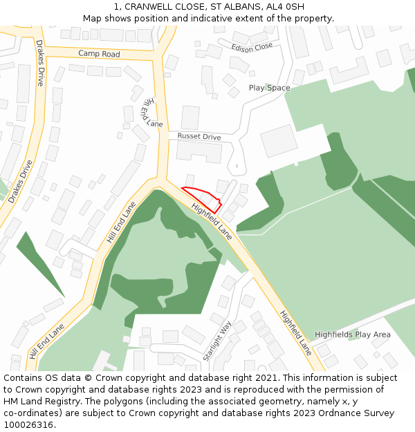 1, CRANWELL CLOSE, ST ALBANS, AL4 0SH: Location map and indicative extent of plot
