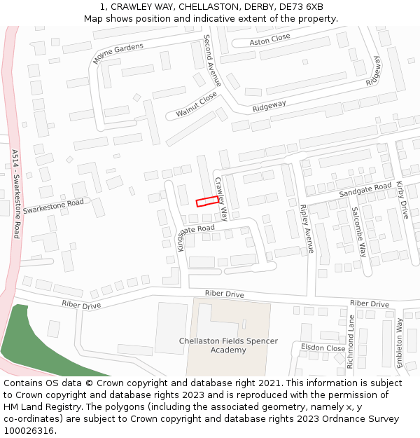 1, CRAWLEY WAY, CHELLASTON, DERBY, DE73 6XB: Location map and indicative extent of plot
